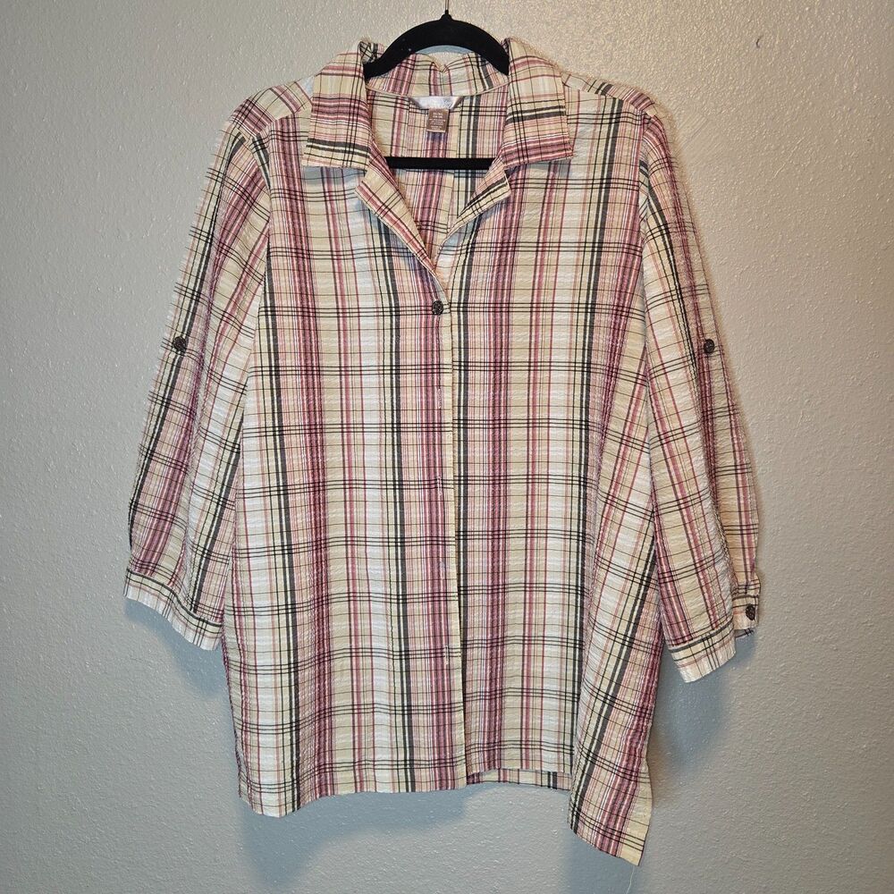 Vintage White Stag Plaid Button Down Shirt Roll Tab Sleeve XL (16-18)